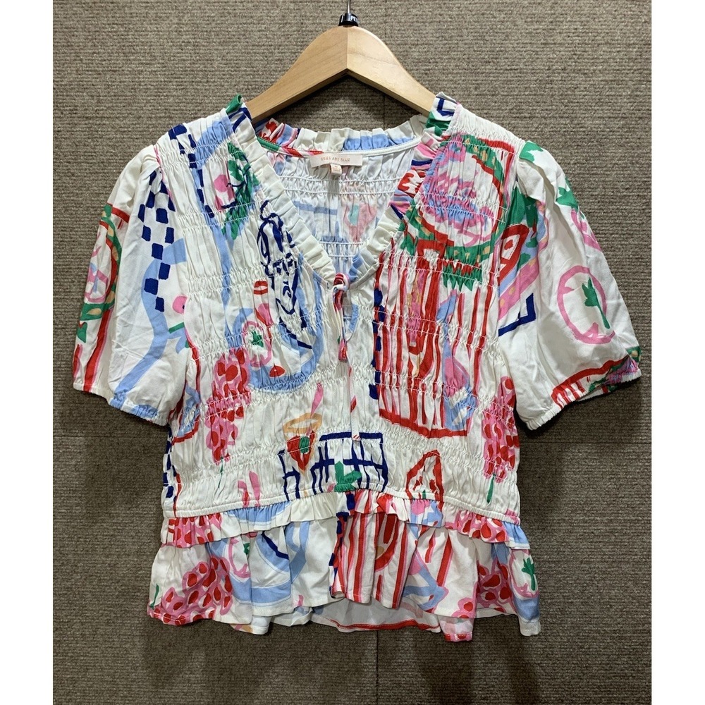 Skies Are Blue Women Smocked Babydoll Top Peplum Abstract Artsy Coastal Gauze M